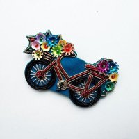 ザリ刺繍ブローチ　花かご自転車