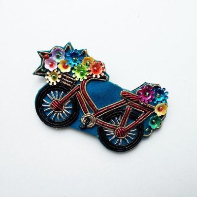 画像1: ザリ刺繍ブローチ　花かご自転車